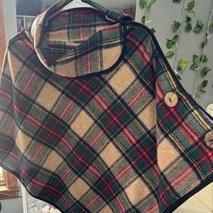 Plaid Poncho with Button Accents